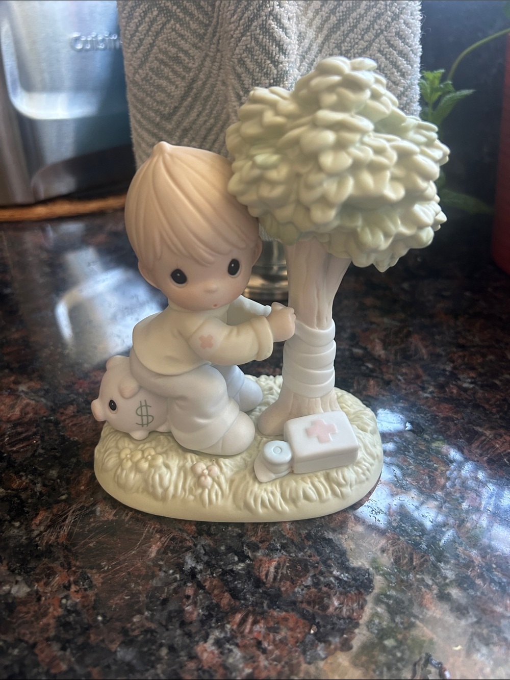 Precious Moments Boy Figurine with Piggy Bank and Tree - Cream & Light Green